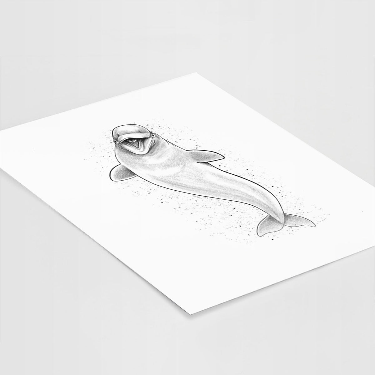 Art print of a black ink illustration of a smiling beluga whale swimming upward, lying at an angle on a white surface.