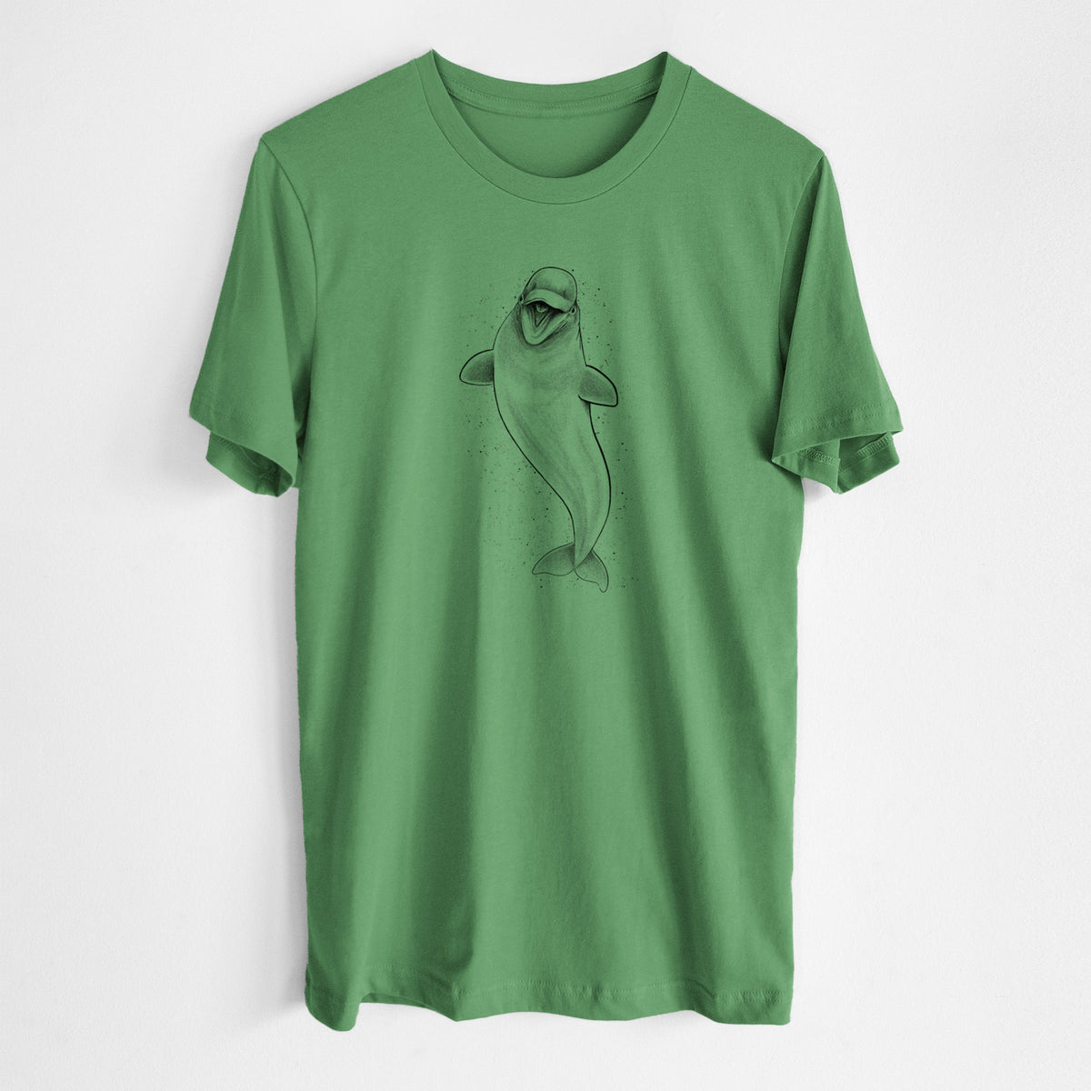 Leaf green lightweight cotton t-shirt laid flat, printed with a black ink illustration of a smiling beluga whale swimming upward.