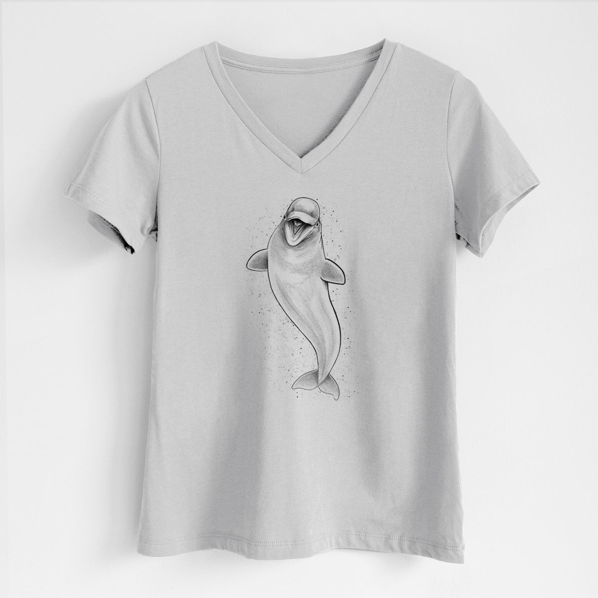 Lunar grey women's relaxed fit cotton V-neck t-shirt laid flat, printed with a black ink illustration of a smiling beluga whale swimming upward.