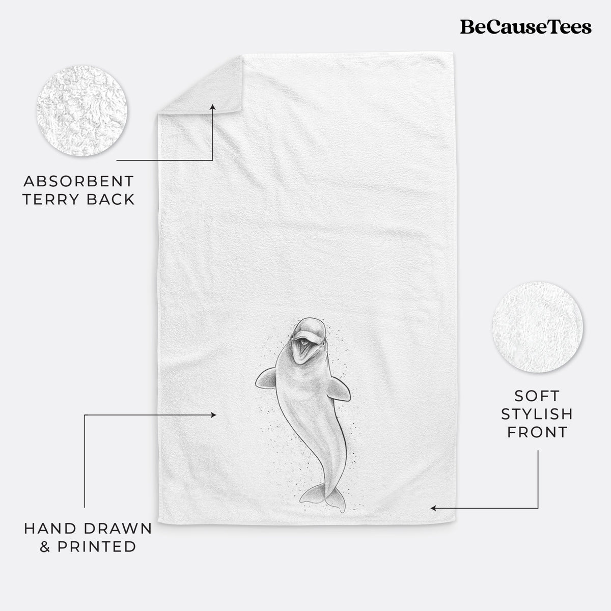 White hand towel printed with a black ink illustration of a smiling beluga whale swimming upward.