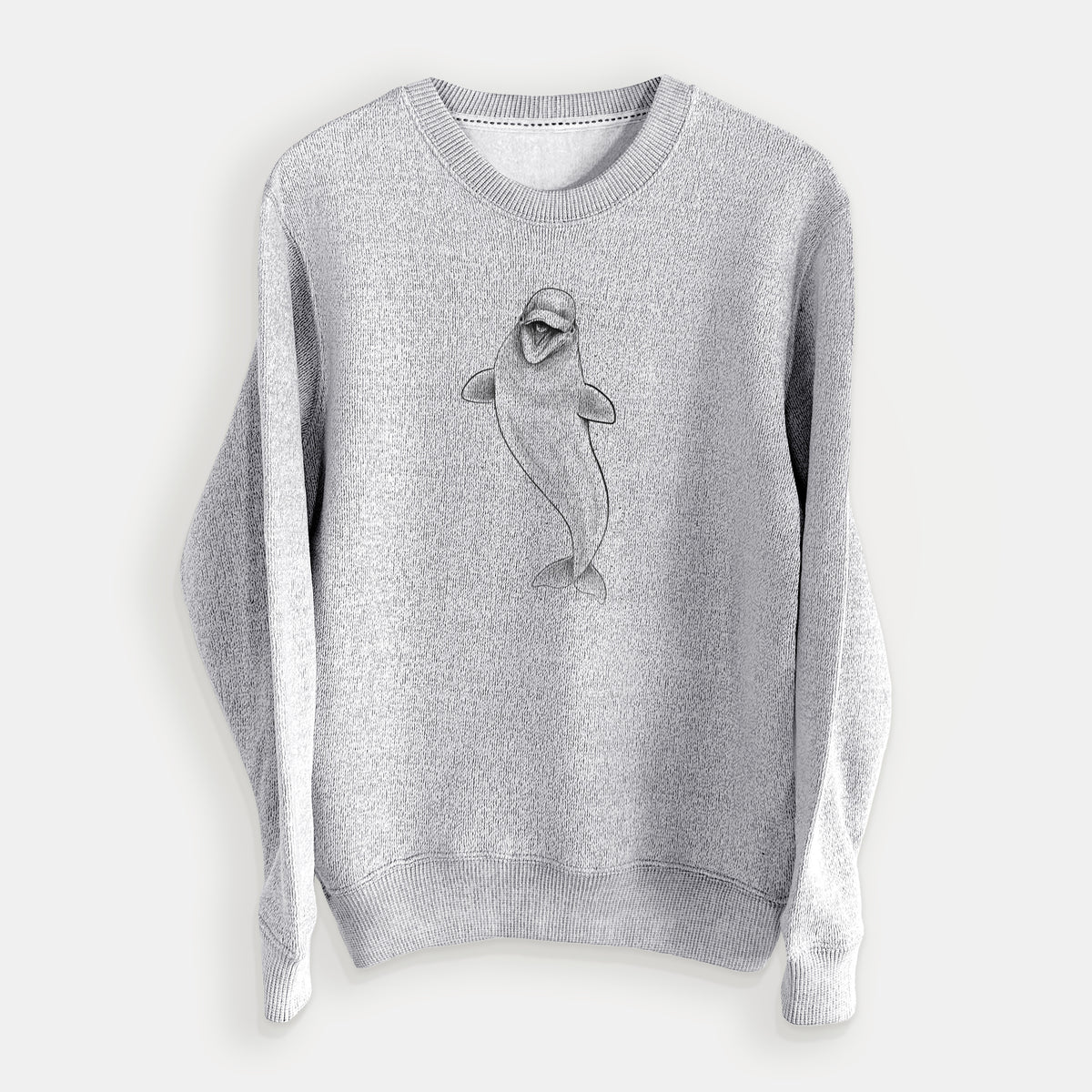 Salt and pepper knit sweatshirt laid flat, printed with a black ink illustration of a smiling beluga whale swimming upward.