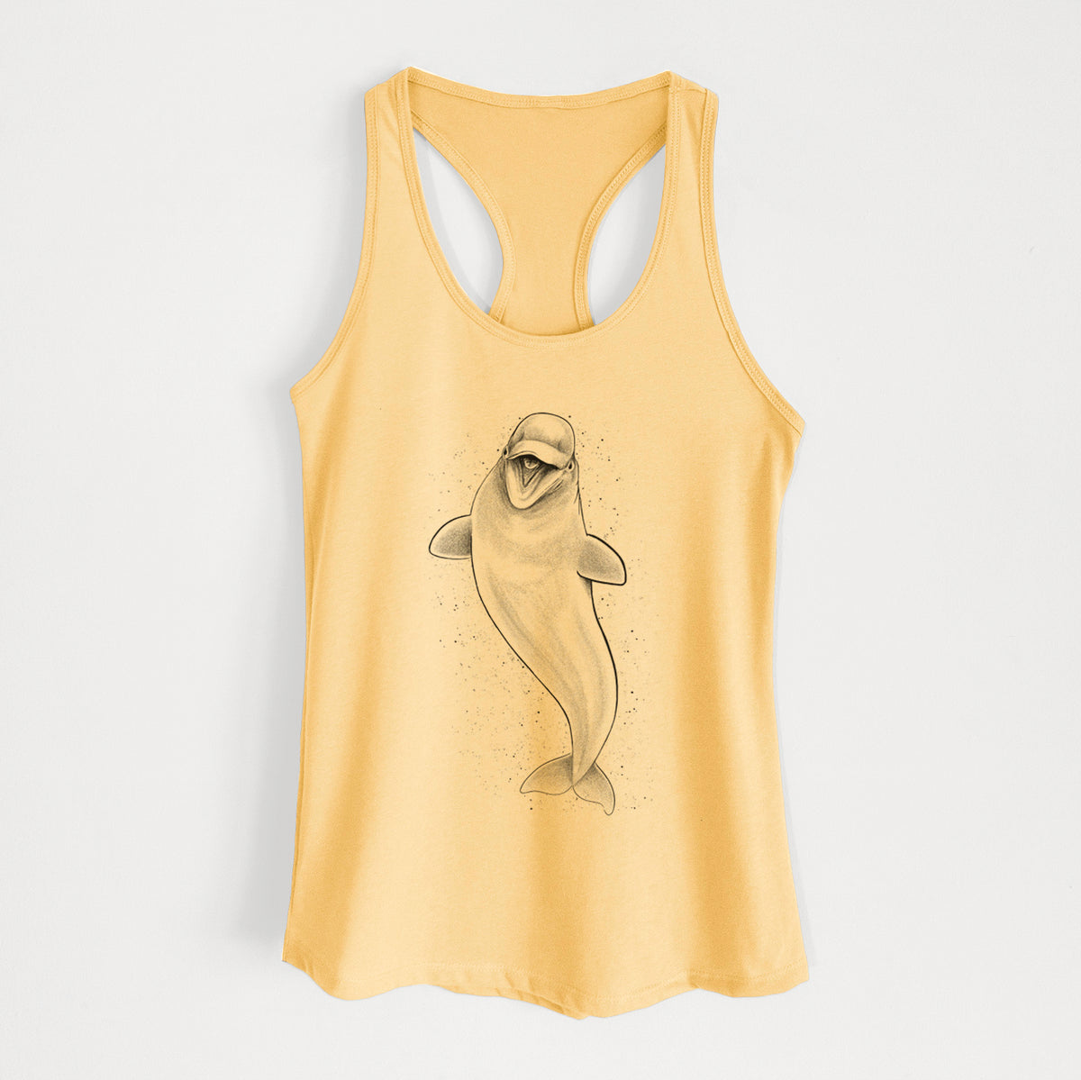 Banana cream women's racerback tank top laid flat, printed with a black ink illustration of a smiling beluga whale swimming upward.