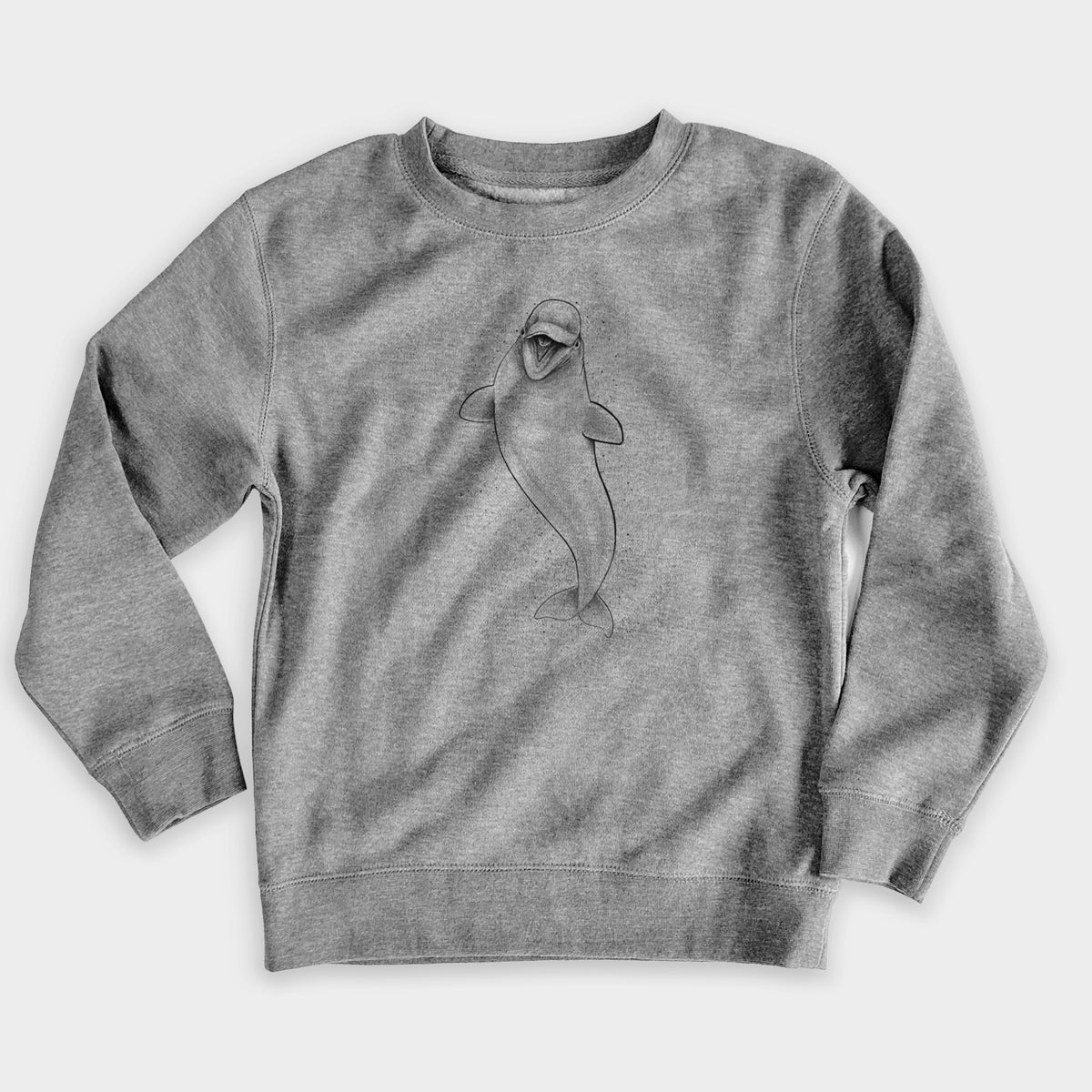 Nickel grey youth crewneck sweatshirt laid flat, printed with a black ink illustration of a smiling beluga whale swimming upward.