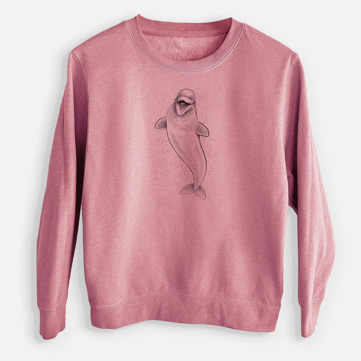 Mauve pink youth crewneck sweatshirt laid flat, printed with a black ink illustration of a smiling beluga whale swimming upward.