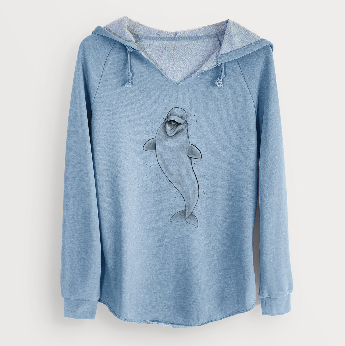 Misty blue women's Cali Wave hooded sweatshirt laid flat, printed with a black ink illustration of a smiling beluga whale swimming upward.