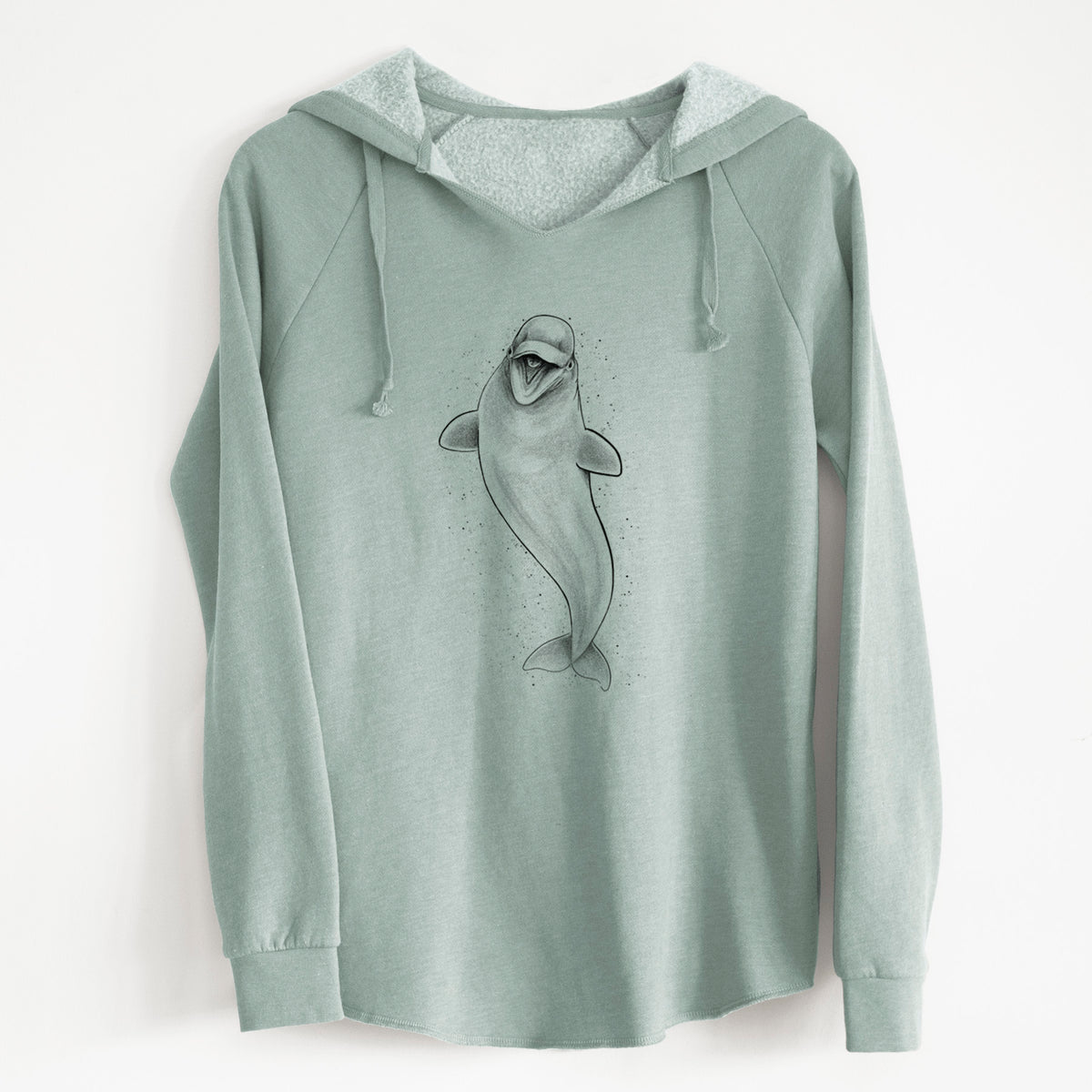 Sage green women's Cali Wave hooded sweatshirt laid flat, printed with a black ink illustration of a smiling beluga whale swimming upward.