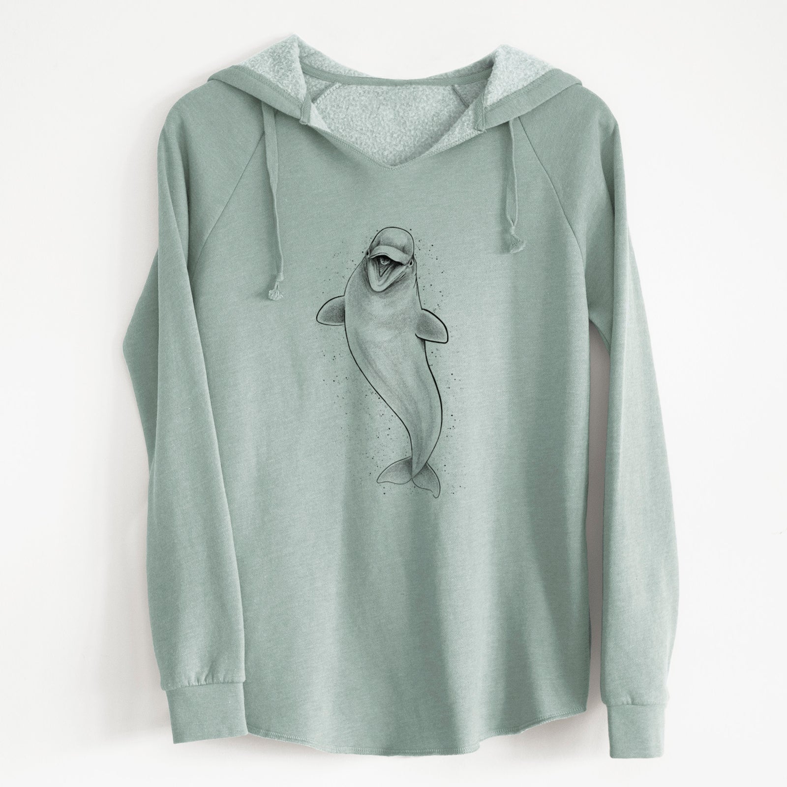 Sage green women's Cali Wave hooded sweatshirt laid flat, printed with a black ink illustration of a smiling beluga whale swimming upward.