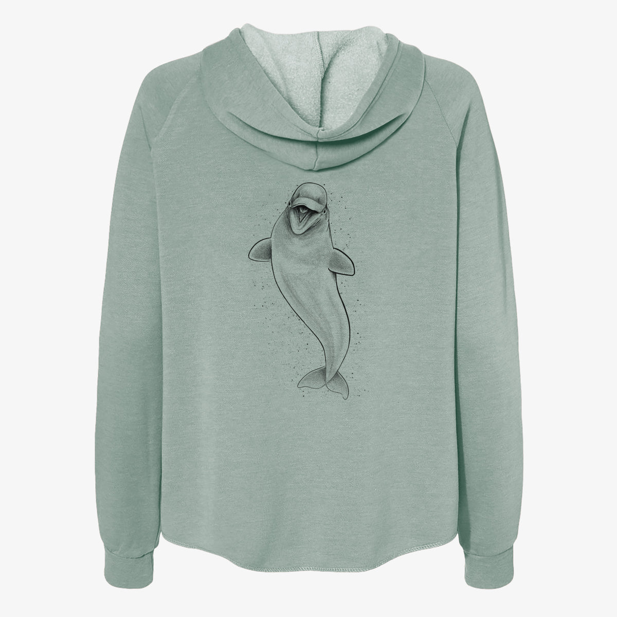 Sage green women's Cali Wave zip-up sweatshirt laid flat, printed with a black ink illustration of a smiling beluga whale swimming upward.