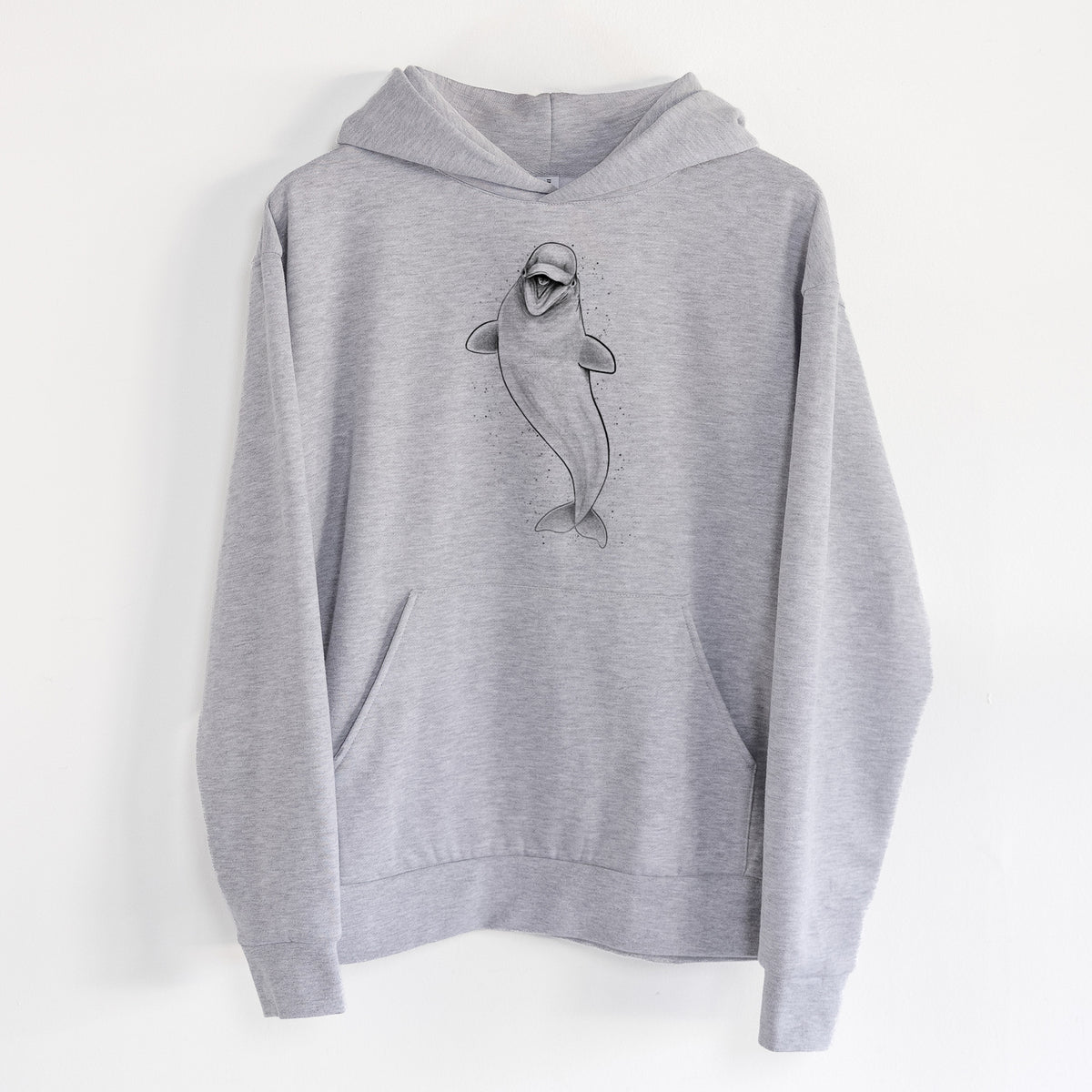 Happy Beluga Whale - Delphinapterus leucas - Statement Midweight Hoodie in Heather Grey, hanging on a white wall, with a front kangaroo pocket and no drawcords.