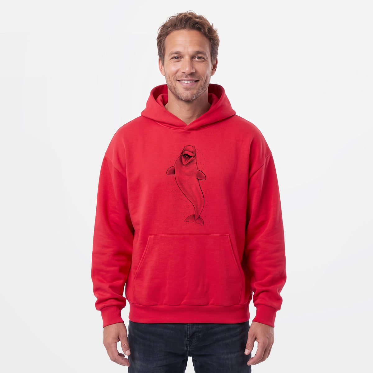 Male model wearing the Happy Beluga Whale - Delphinapterus leucas - Statement Midweight Hoodie.