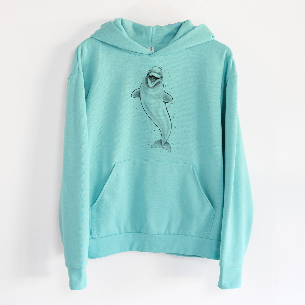 Happy Beluga Whale - Delphinapterus leucas - Statement Midweight Hoodie in Seafoam, hanging on a white wall, with a front kangaroo pocket and no drawcords.