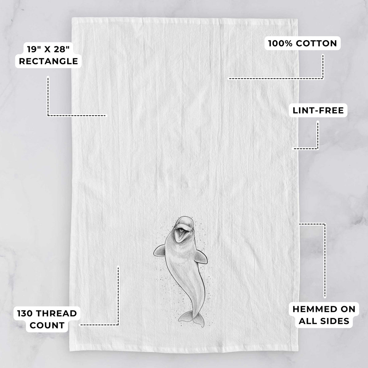 White tea towel printed with a black ink illustration of a smiling beluga whale swimming upward, with feature labels: 19 by 28 inch rectangle, 100% cotton, lint-free, 130 thread count, hemmed on all sides.