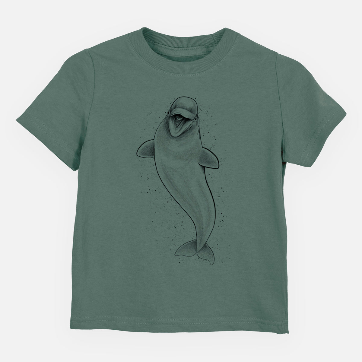 Basil green toddler t-shirt laid flat, printed with a black ink illustration of a smiling beluga whale swimming upward.