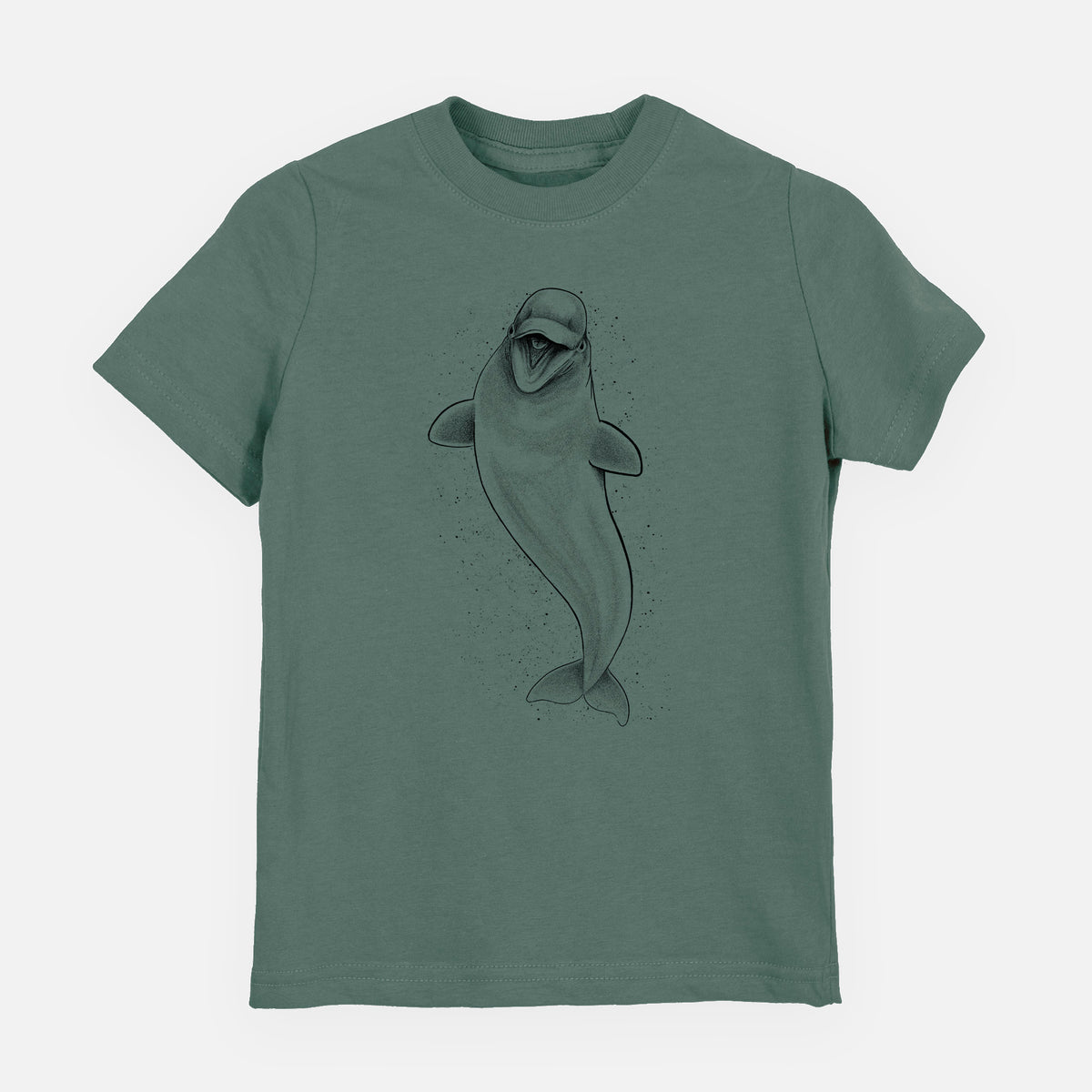 Basil green youth t-shirt laid flat, printed with a black ink illustration of a smiling beluga whale swimming upward.