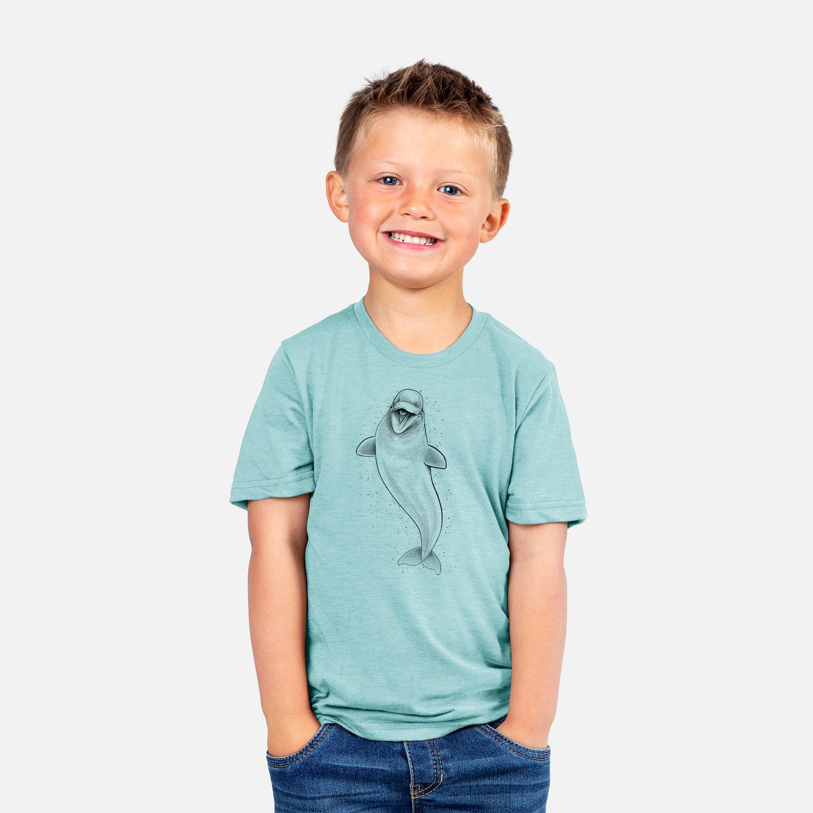 Two youth t-shirts in different colors on hangers, printed with a black ink illustration of a smiling beluga whale swimming upward.