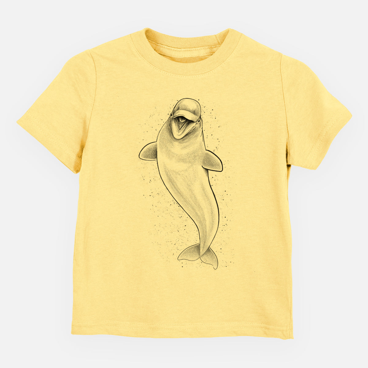 Butter yellow toddler t-shirt laid flat, printed with a black ink illustration of a smiling beluga whale swimming upward.