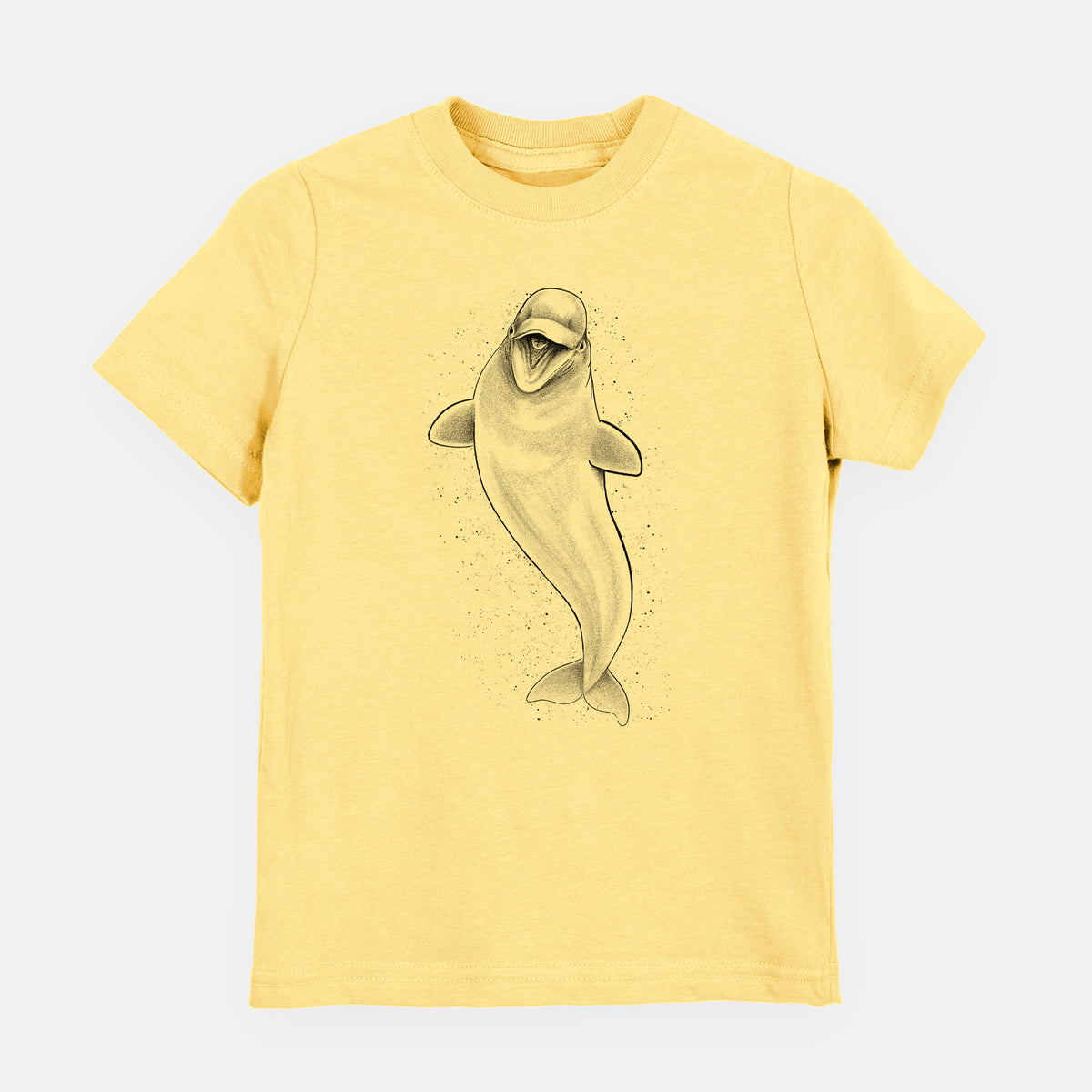 Butter yellow youth t-shirt laid flat, printed with a black ink illustration of a smiling beluga whale swimming upward.
