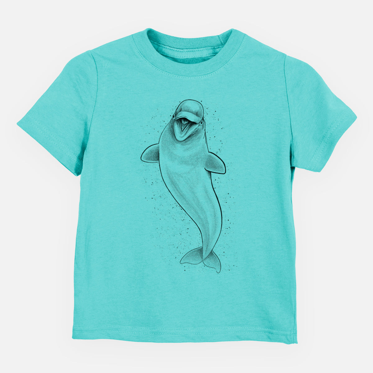 Caribbean blue toddler t-shirt laid flat, printed with a black ink illustration of a smiling beluga whale swimming upward.