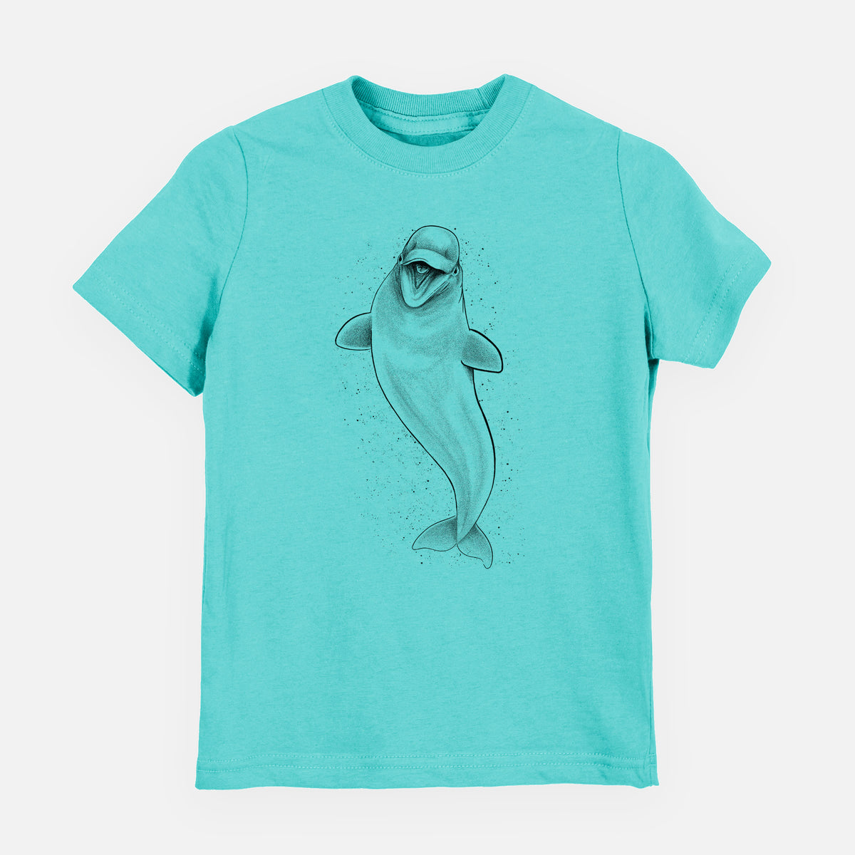 Caribbean blue youth t-shirt laid flat, printed with a black ink illustration of a smiling beluga whale swimming upward.