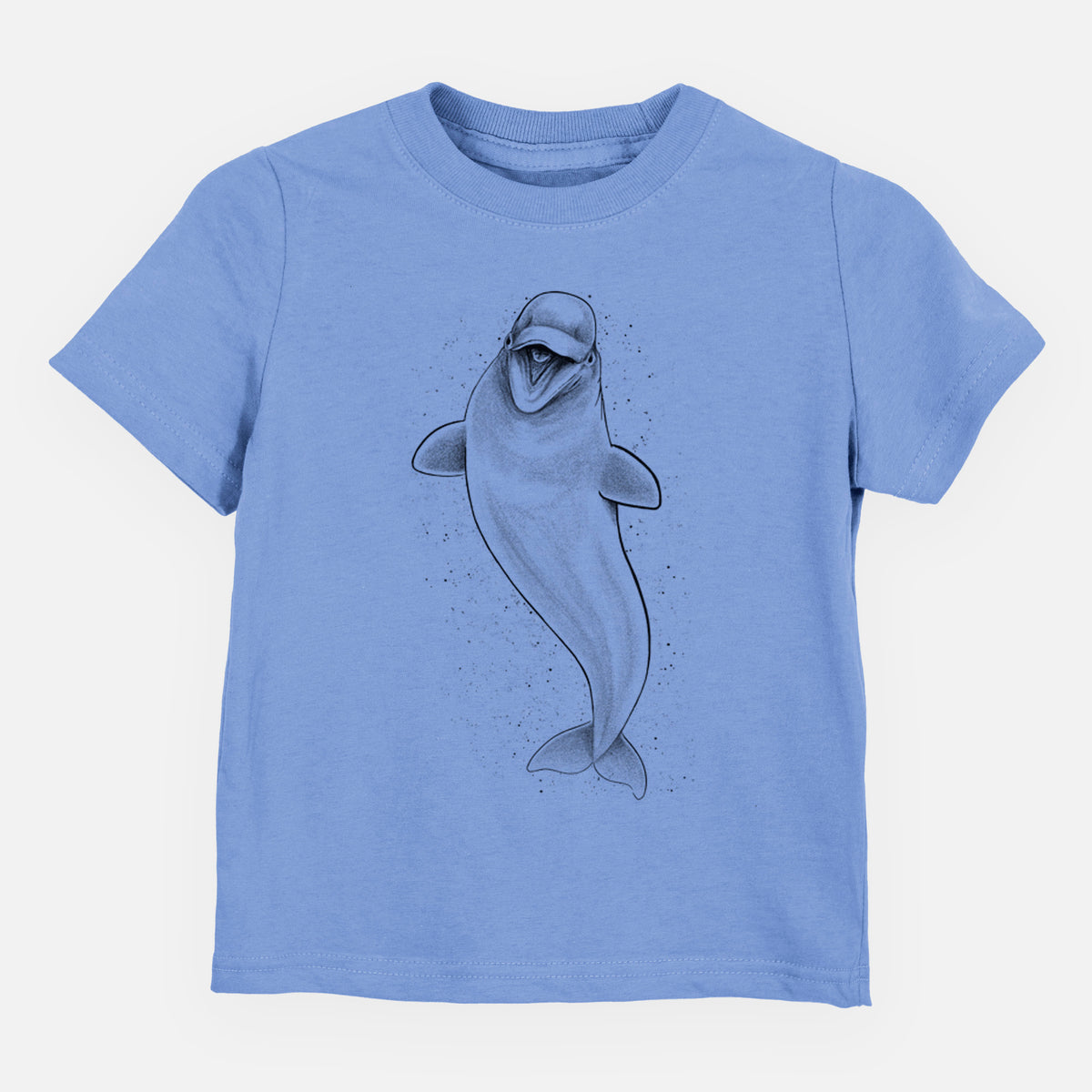 Carolina blue toddler t-shirt laid flat, printed with a black ink illustration of a smiling beluga whale swimming upward.