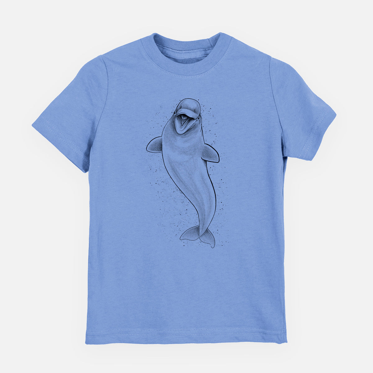 Carolina blue youth t-shirt laid flat, printed with a black ink illustration of a smiling beluga whale swimming upward.