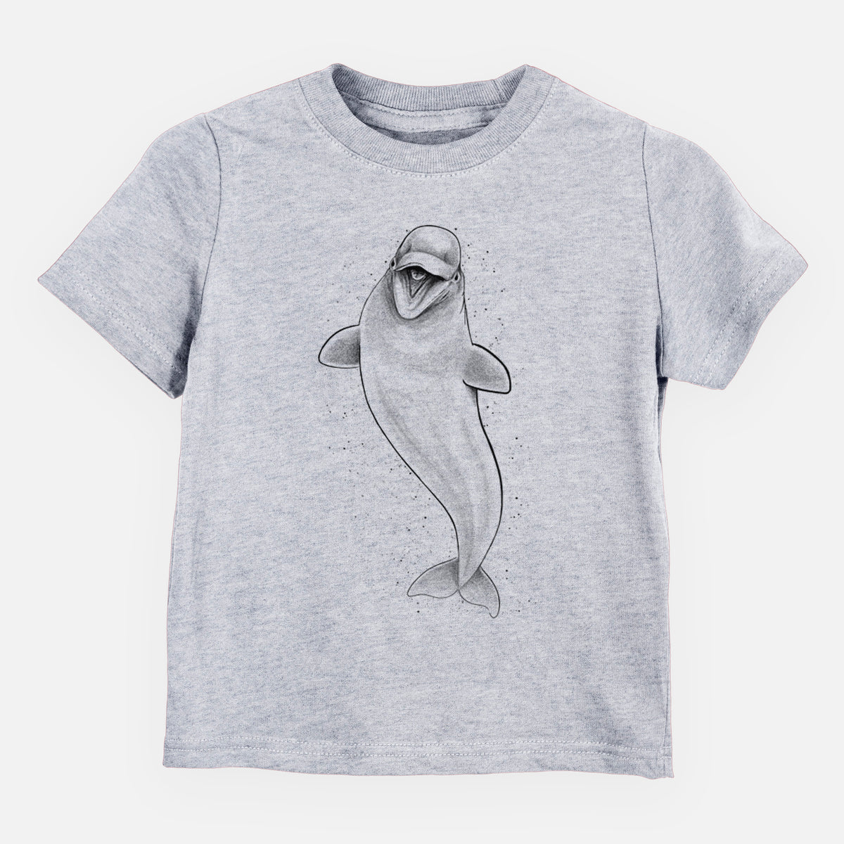 Heather grey toddler t-shirt laid flat, printed with a black ink illustration of a smiling beluga whale swimming upward.