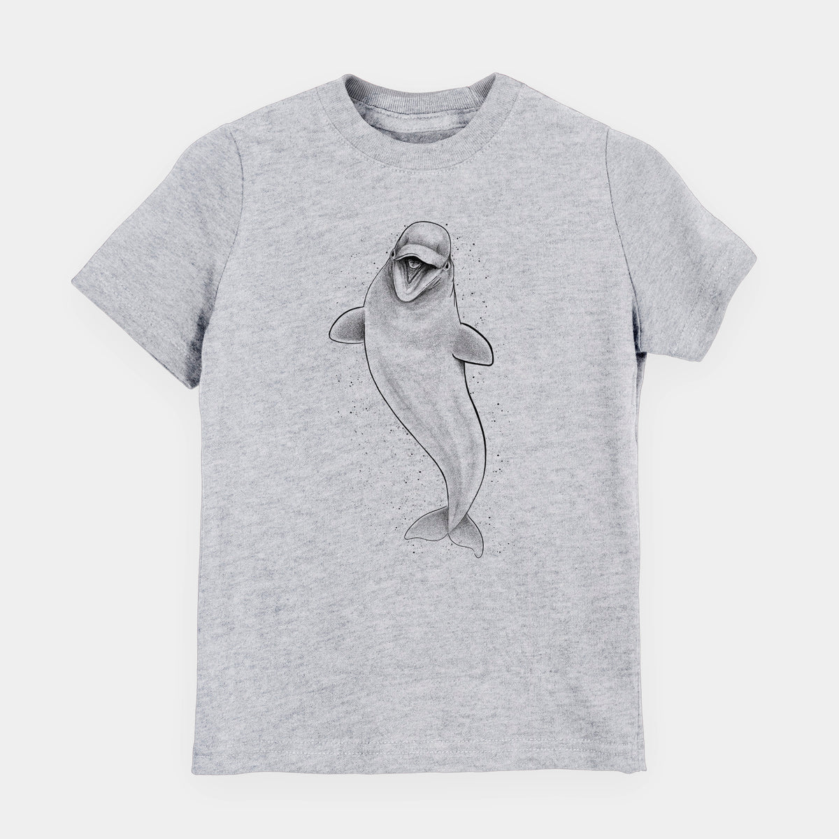 Heather grey youth t-shirt laid flat, printed with a black ink illustration of a smiling beluga whale swimming upward.