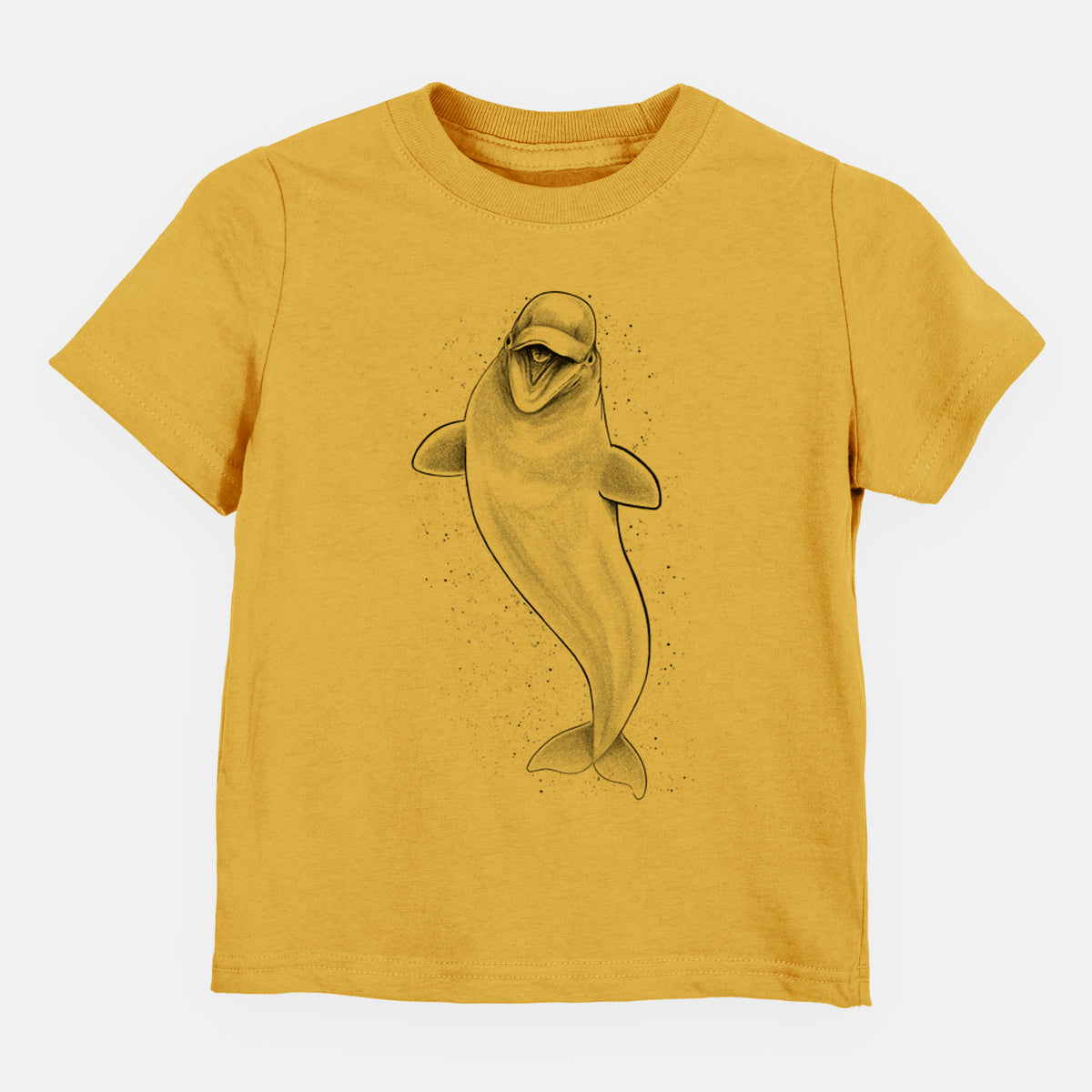Honeycomb yellow toddler t-shirt laid flat, printed with a black ink illustration of a smiling beluga whale swimming upward.