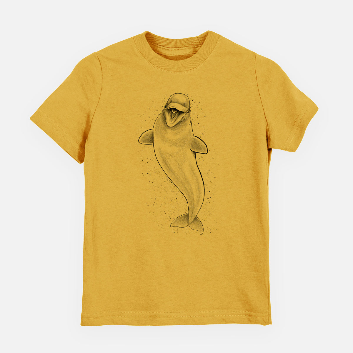Honeycomb yellow youth t-shirt laid flat, printed with a black ink illustration of a smiling beluga whale swimming upward.