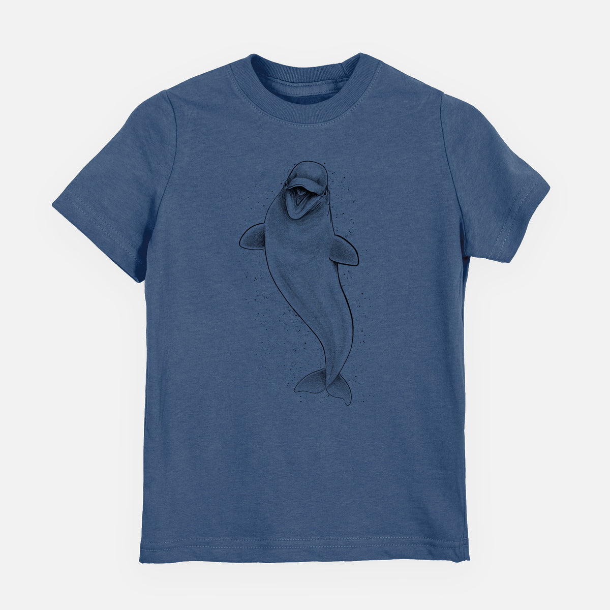 Indigo blue youth t-shirt laid flat, printed with a black ink illustration of a smiling beluga whale swimming upward.