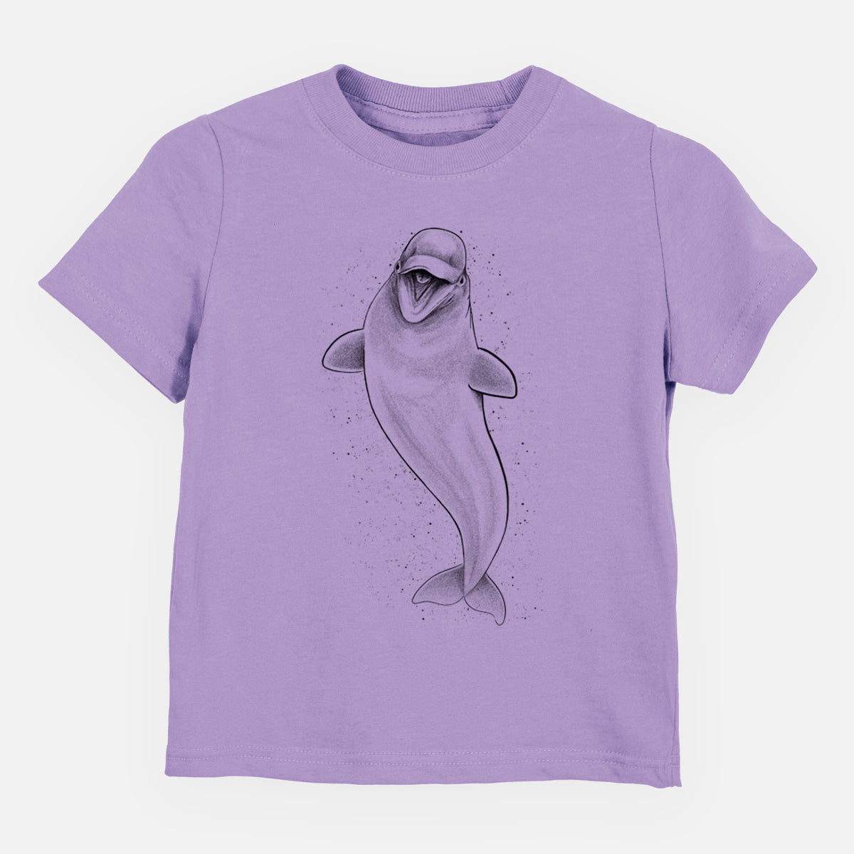 Lavender toddler t-shirt laid flat, printed with a black ink illustration of a smiling beluga whale swimming upward.