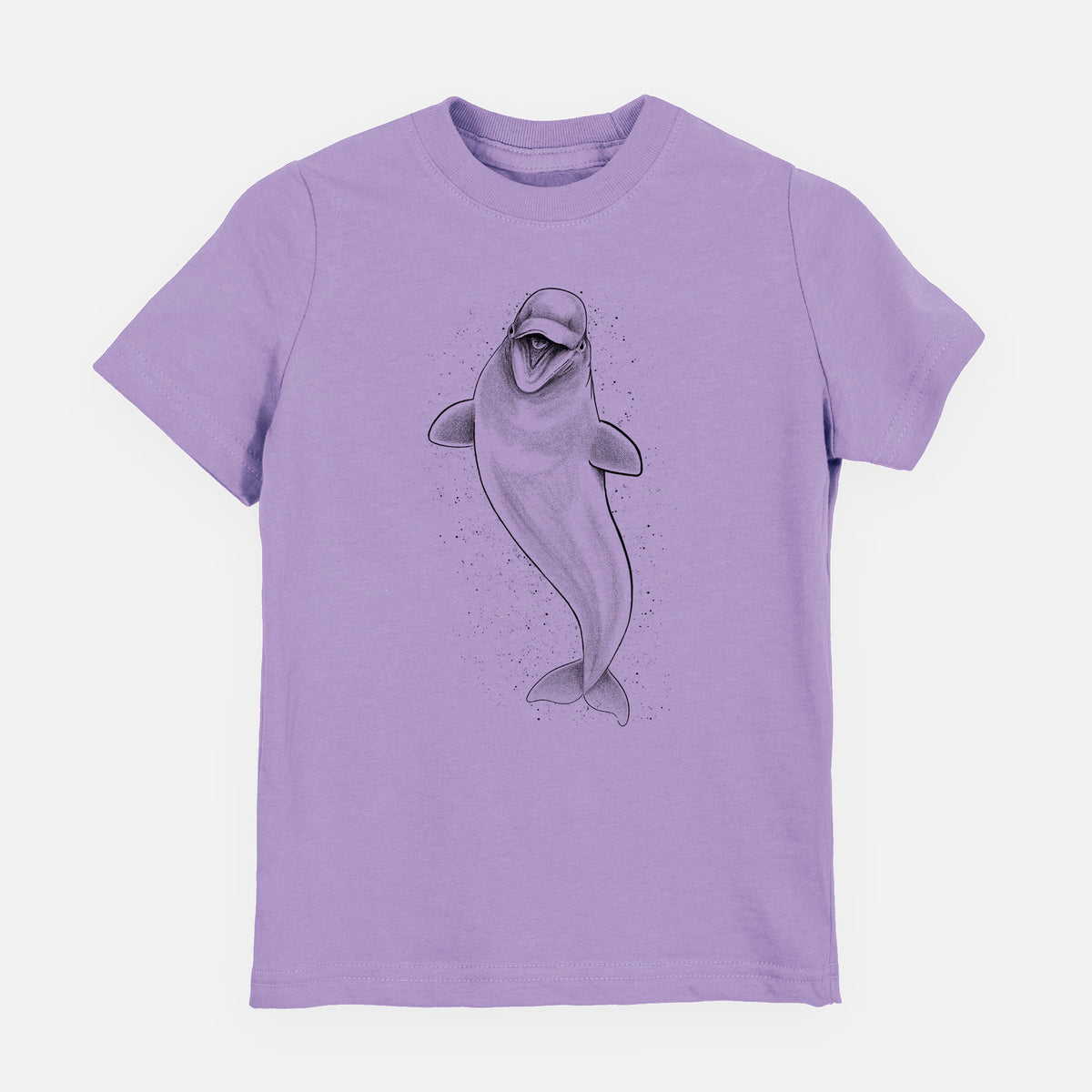 Lavender youth t-shirt laid flat, printed with a black ink illustration of a smiling beluga whale swimming upward.