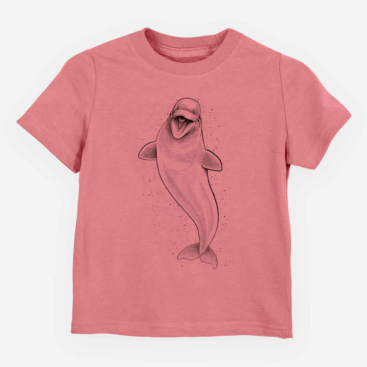 Mauve pink toddler t-shirt laid flat, printed with a black ink illustration of a smiling beluga whale swimming upward.