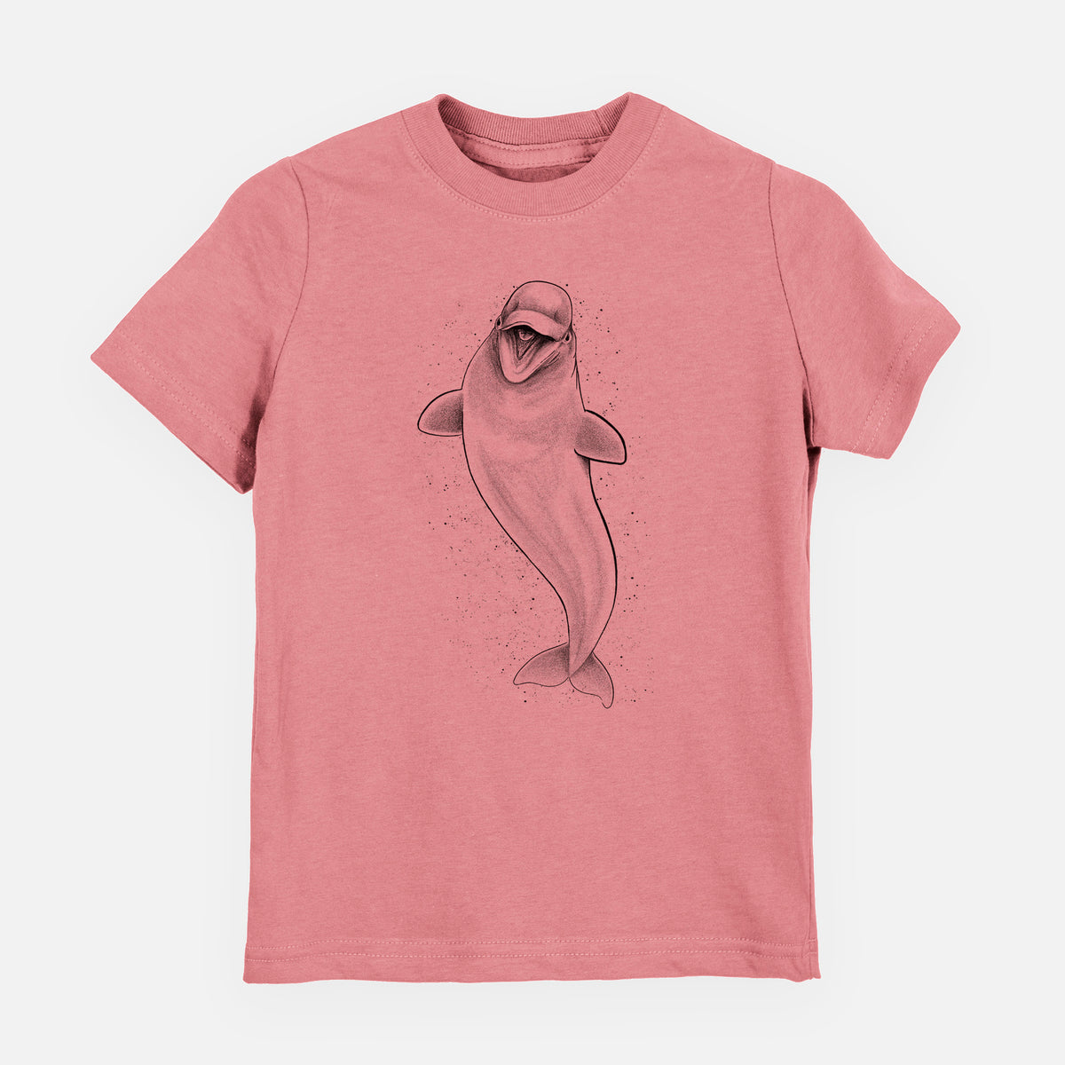 Mauve pink youth t-shirt laid flat, printed with a black ink illustration of a smiling beluga whale swimming upward.