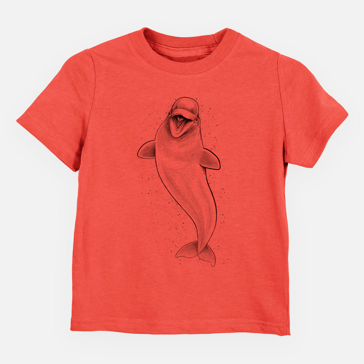 Passionfruit pink toddler t-shirt laid flat, printed with a black ink illustration of a smiling beluga whale swimming upward.