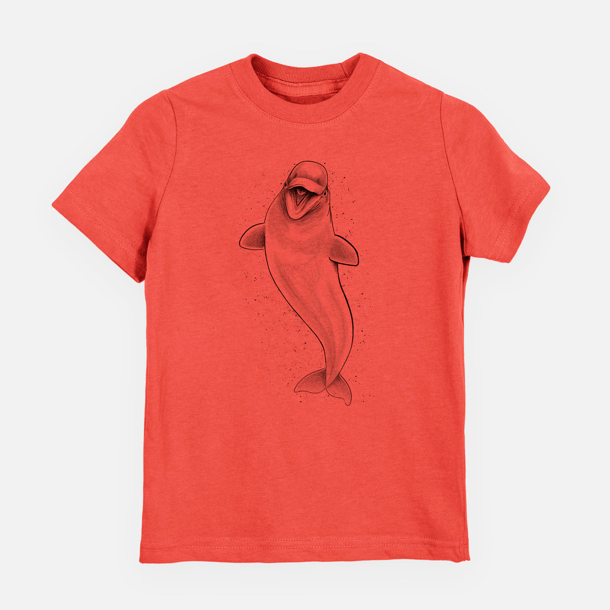 Passionfruit pink youth t-shirt laid flat, printed with a black ink illustration of a smiling beluga whale swimming upward.