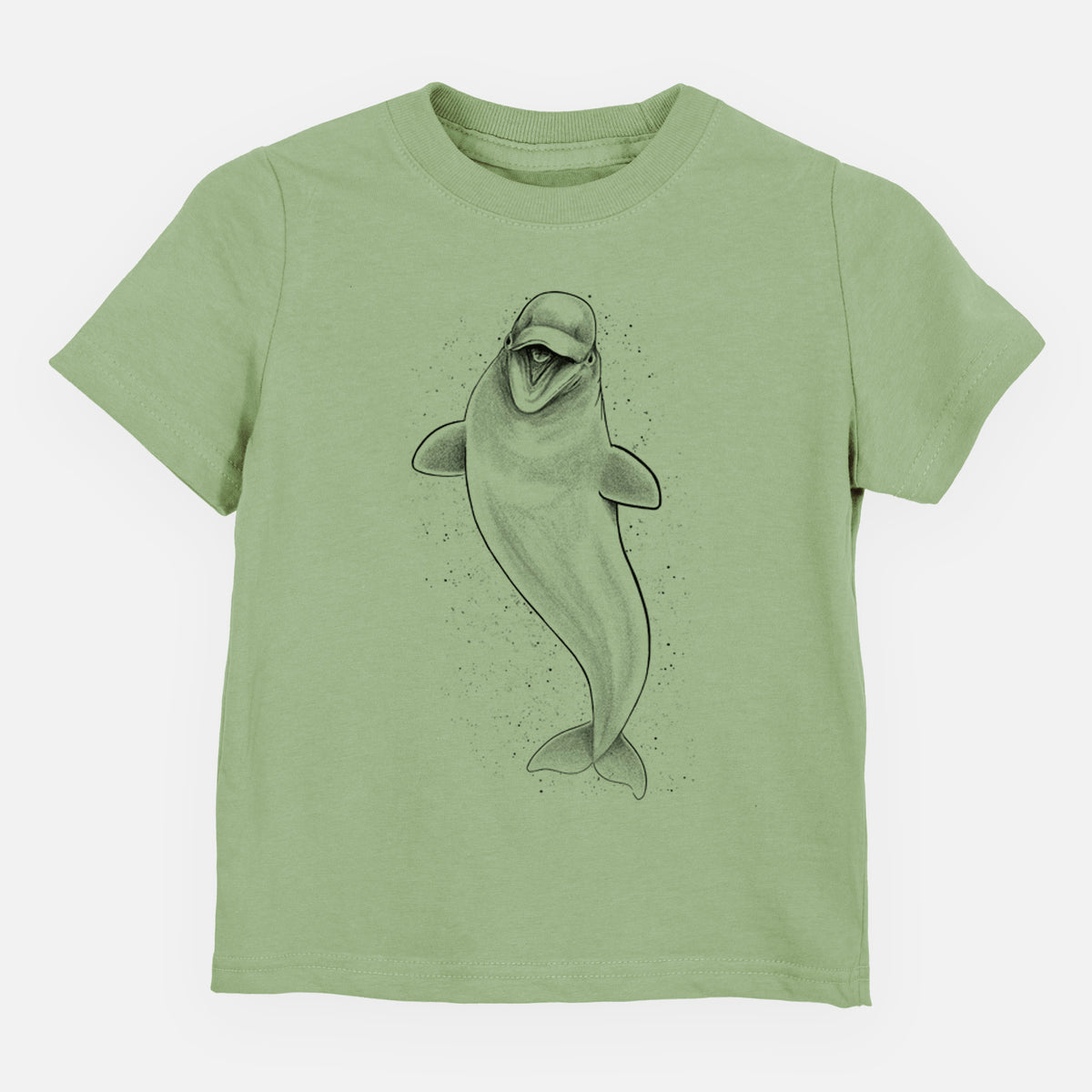 Sage green toddler t-shirt laid flat, printed with a black ink illustration of a smiling beluga whale swimming upward.