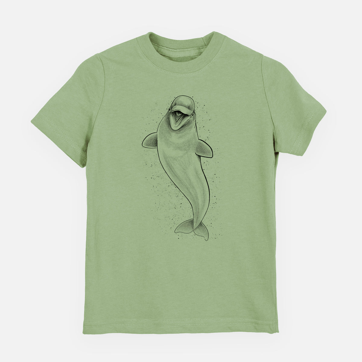Sage green youth t-shirt laid flat, printed with a black ink illustration of a smiling beluga whale swimming upward.