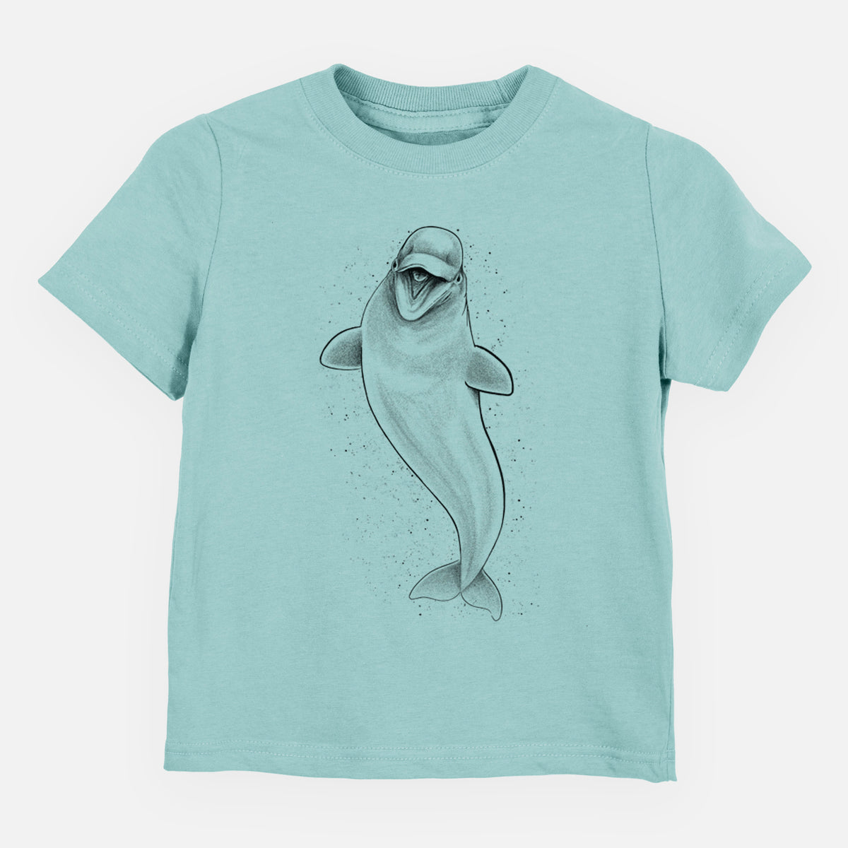 Saltwater toddler t-shirt laid flat, printed with a black ink illustration of a smiling beluga whale swimming upward.