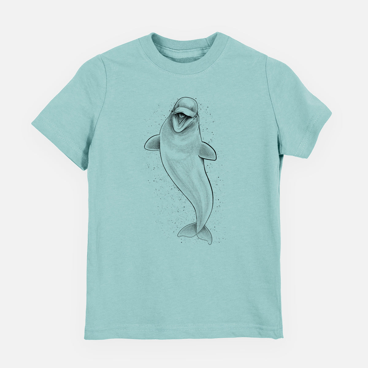 Saltwater youth t-shirt laid flat, printed with a black ink illustration of a smiling beluga whale swimming upward.
