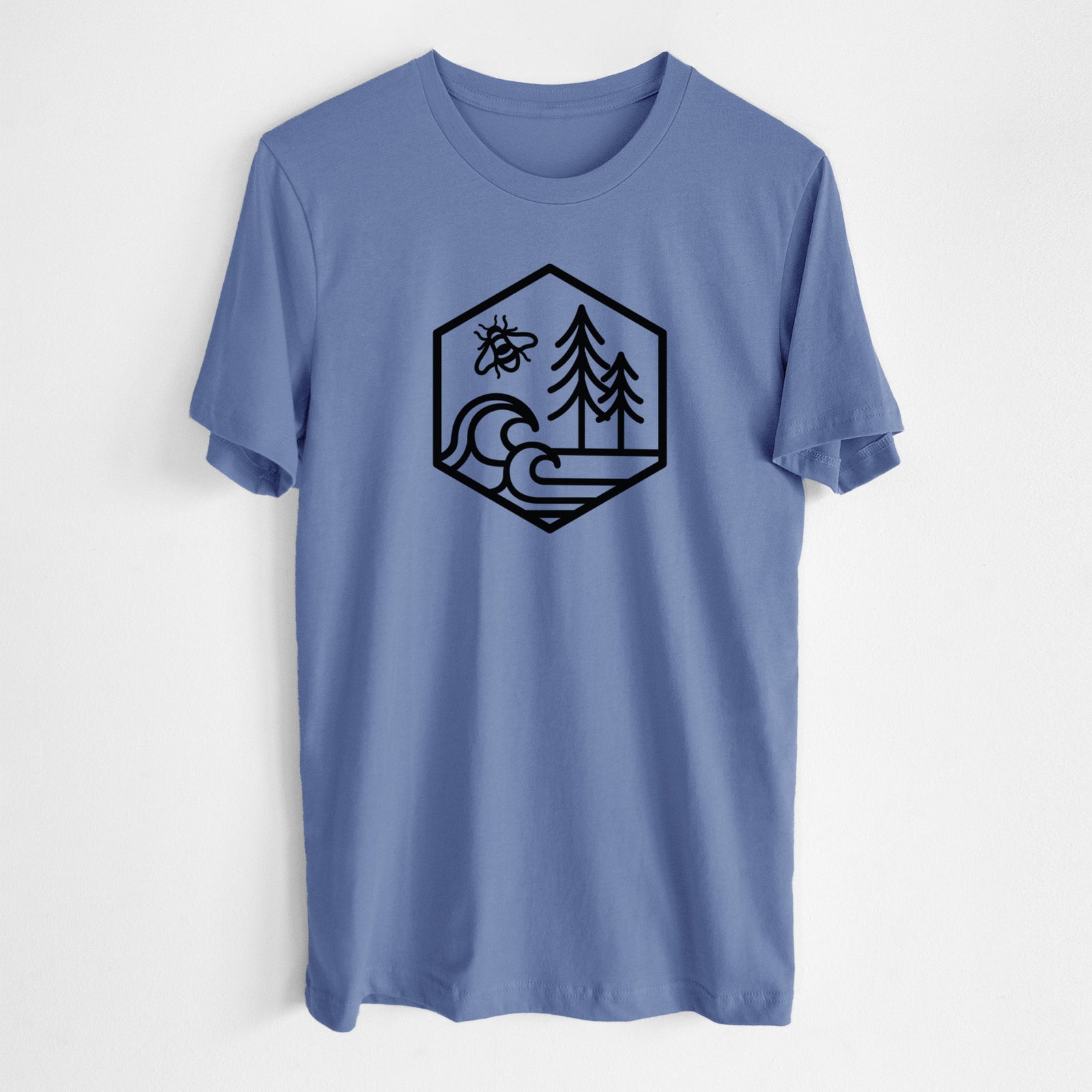 Blue bell lightweight cotton t-shirt laid flat, printed with a black line art hexagon holding a bee, ocean waves and pine trees.