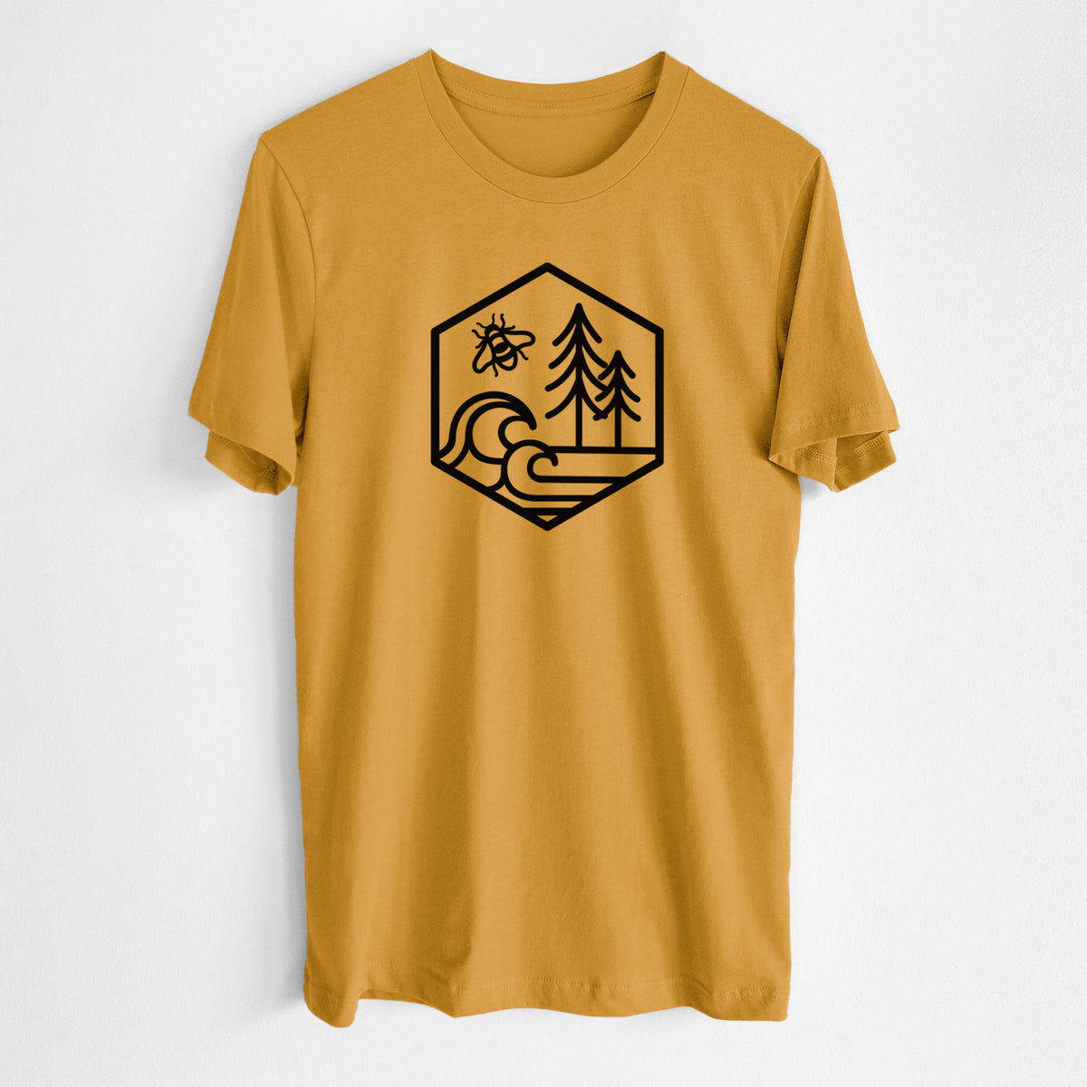 Honeycomb yellow lightweight cotton t-shirt laid flat, printed with a black line art hexagon holding a bee, ocean waves and pine trees.