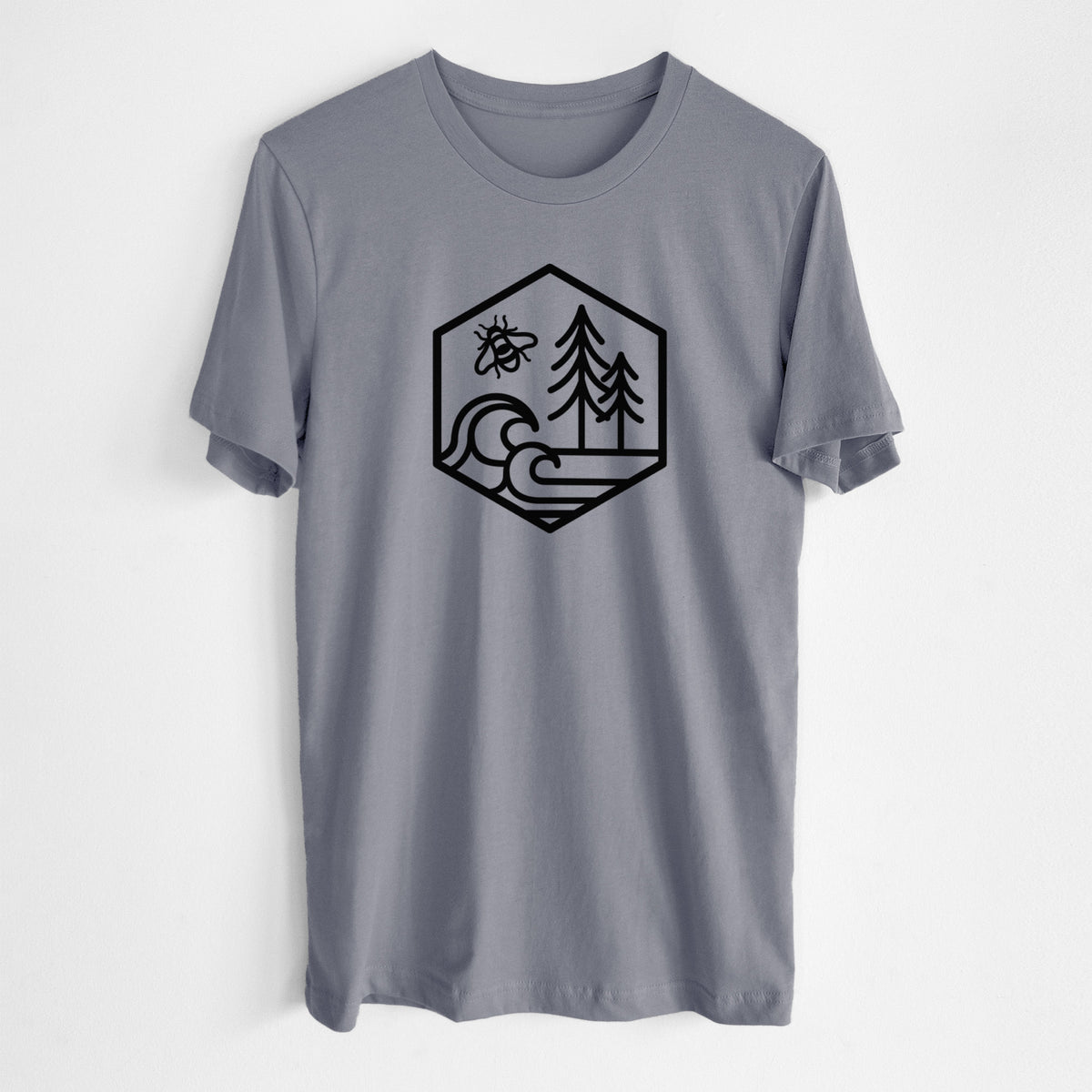 Storm grey lightweight cotton t-shirt laid flat, printed with a black line art hexagon holding a bee, ocean waves and pine trees.