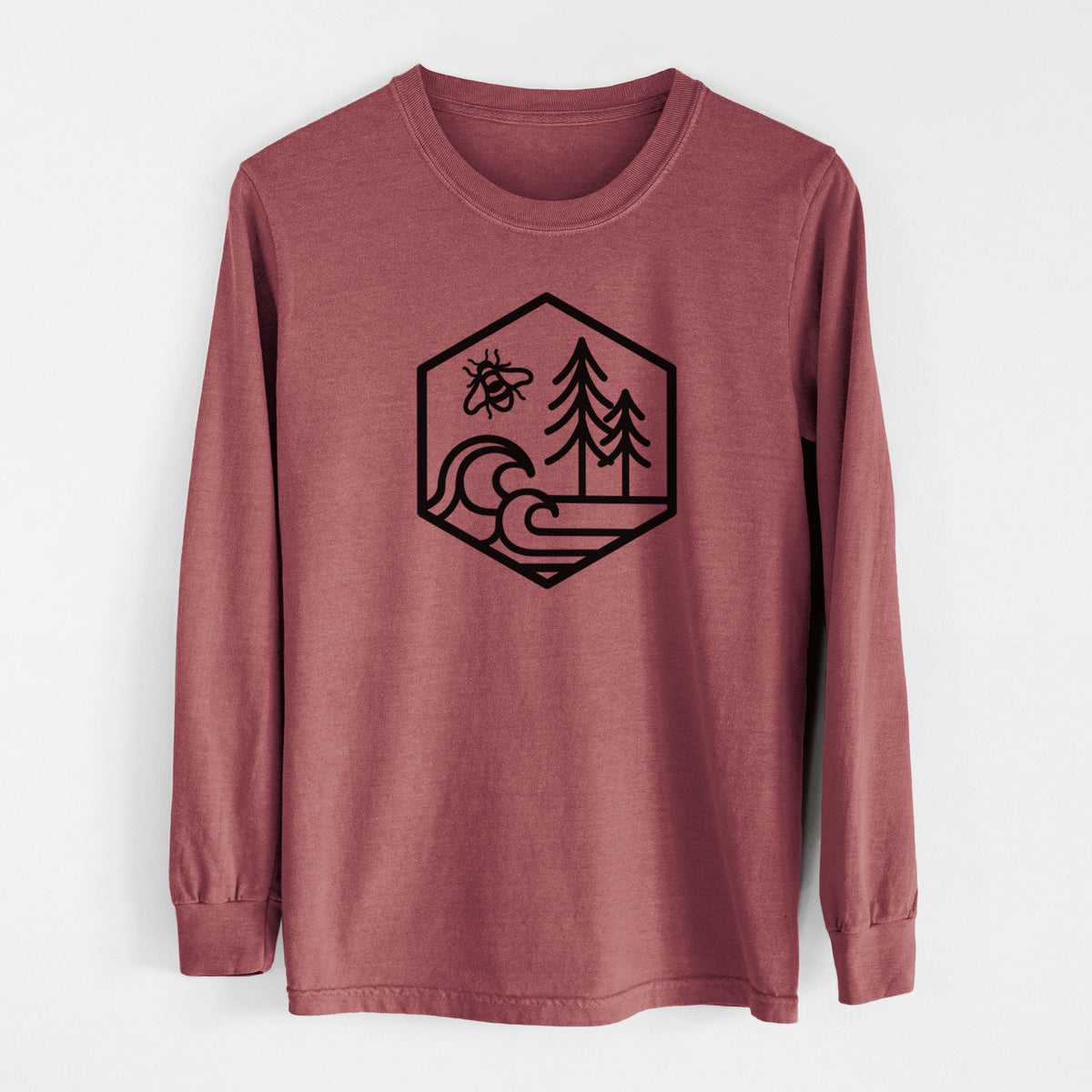 Brick red Comfort Colors long sleeve shirt laid flat, printed with a black line art hexagon holding a bee, ocean waves and pine trees.