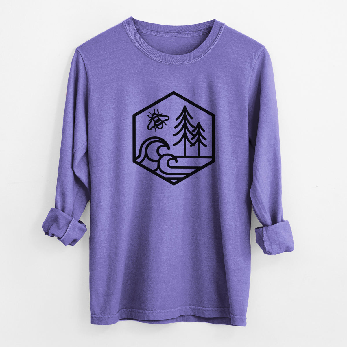 Violet purple Comfort Colors long sleeve shirt laid flat with the cuffs rolled, printed with a black line art hexagon holding a bee, ocean waves and pine trees.