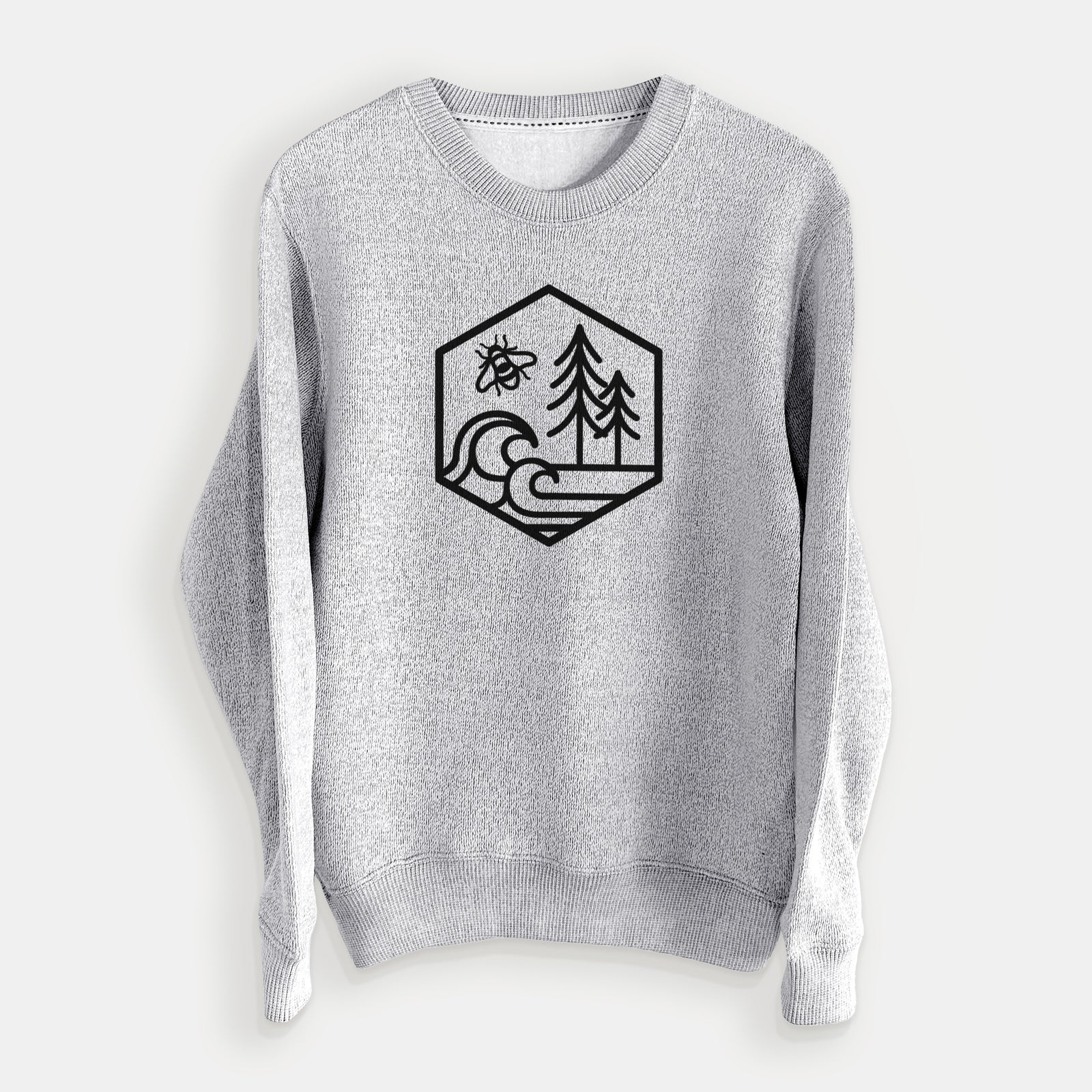 Salt and pepper knit sweatshirt laid flat, printed with a black line art hexagon holding a bee, ocean waves and pine trees.