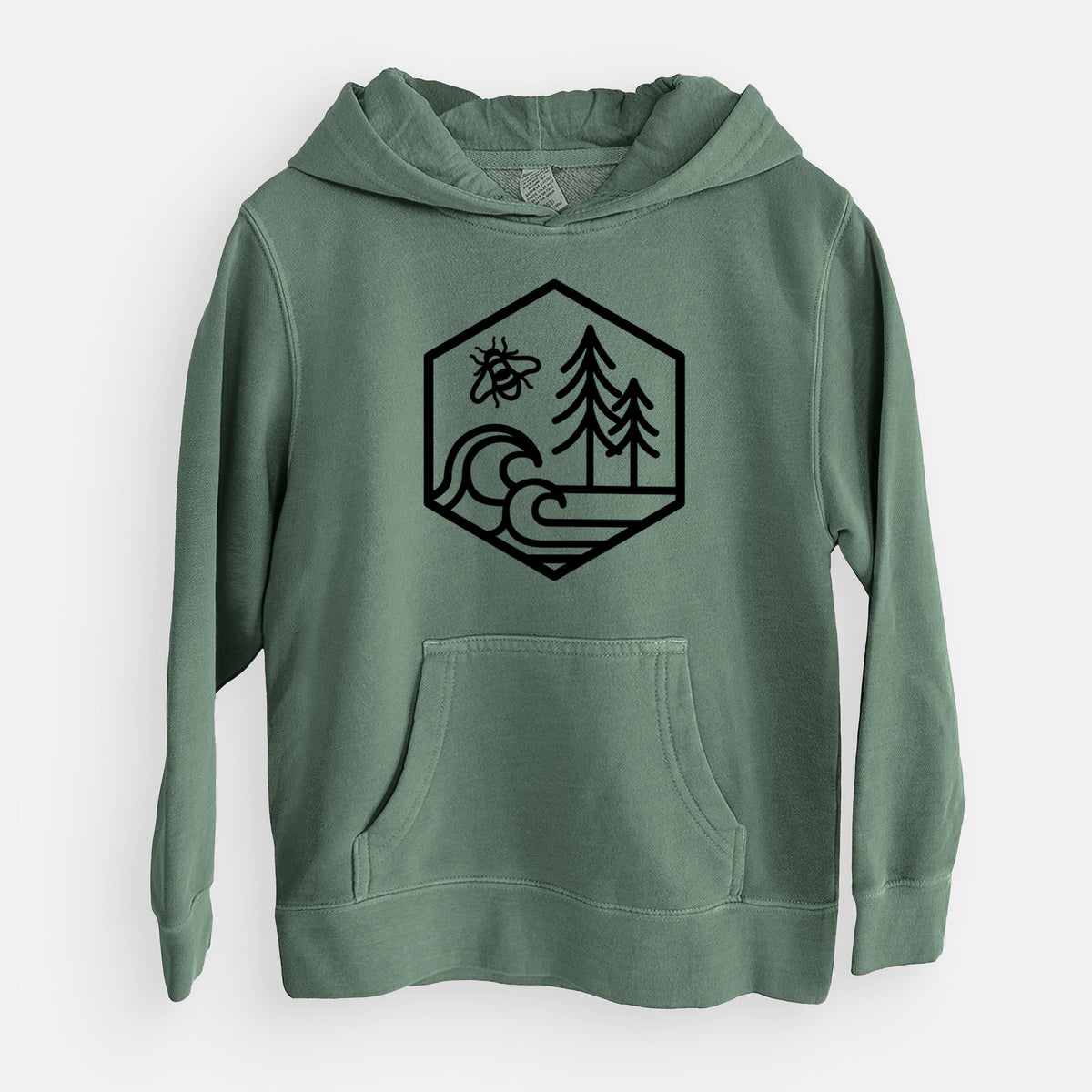 Alpine green youth pigment dyed hoodie laid flat, printed with a black line art hexagon holding a bee, ocean waves and pine trees.