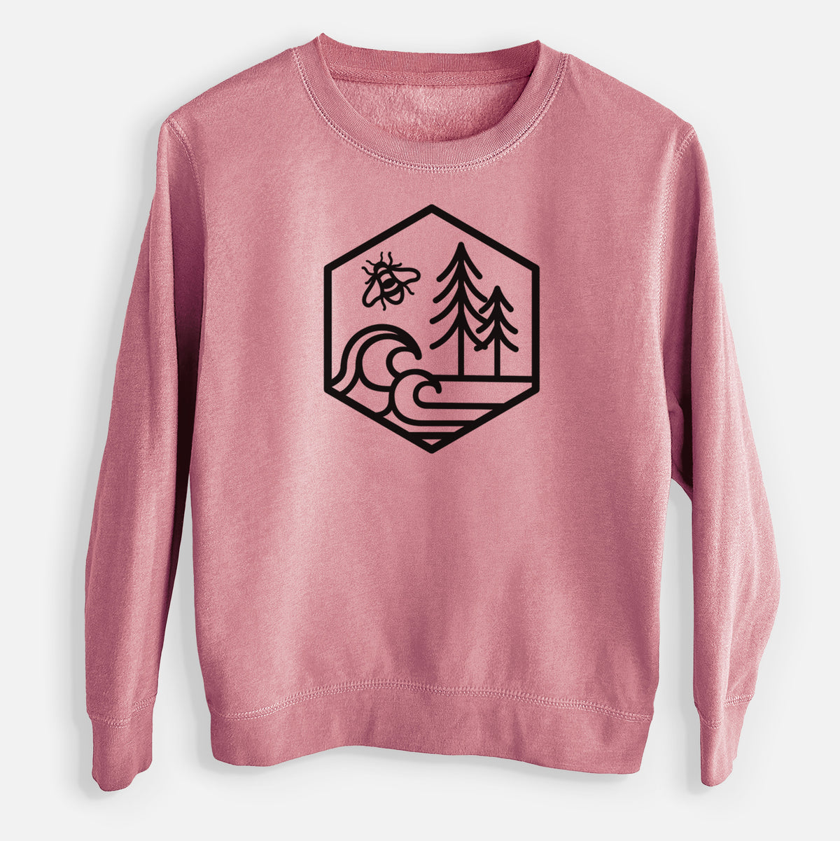 Mauve pink youth crewneck sweatshirt laid flat, printed with a black line art hexagon holding a bee, ocean waves and pine trees.