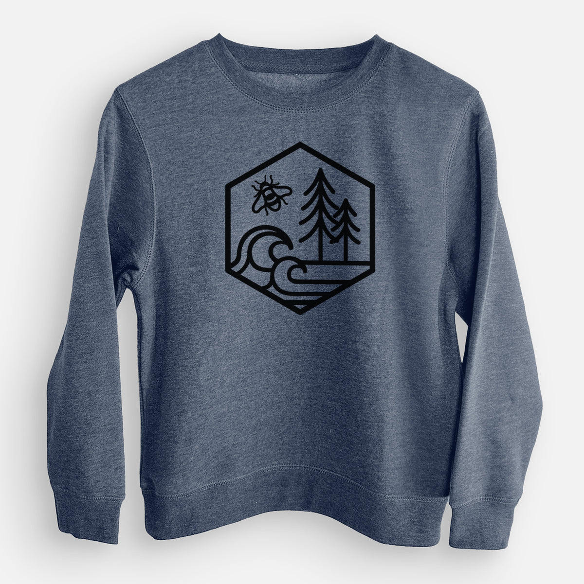 Storm blue youth crewneck sweatshirt laid flat, printed with a black line art hexagon holding a bee, ocean waves and pine trees.