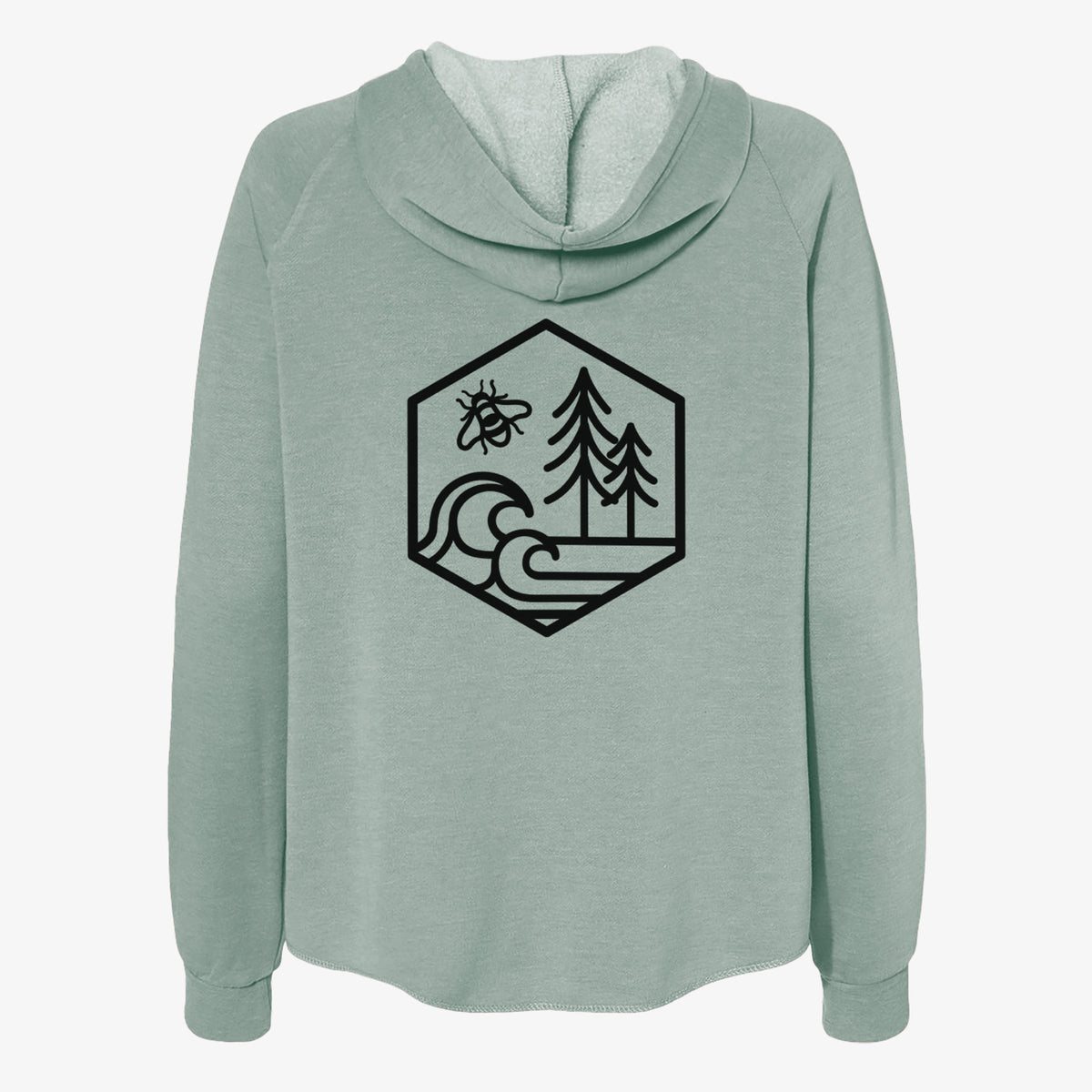 Sage green women's Cali Wave zip-up sweatshirt laid flat, printed with a black line art hexagon holding a bee, ocean waves and pine trees.